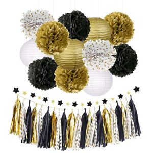 nicrolandee black and gold party decorations – 28pcs black gold tissue paper pom poms flowers hanging paper lanterns star garland tassel for wedding, birthday, prom night, new years decorations