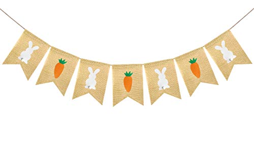 FAKTEEN Happy Easter Burlap Banner Decorations Rabbit & Carrot Hanging Bunting Garland for Spring Easter Party Décor Photo Booth Backdrop