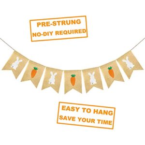 FAKTEEN Happy Easter Burlap Banner Decorations Rabbit & Carrot Hanging Bunting Garland for Spring Easter Party Décor Photo Booth Backdrop