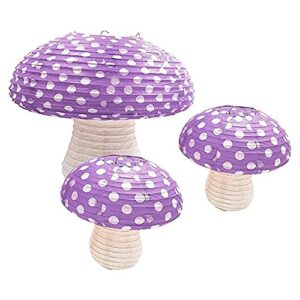 3pcs purple large mushroom shaped paper lanterns for forest jungle wonderland themed birthday party decor hanging 3d mushroom ornament backdrop for fairy baby shower nursery garden wedding decorations