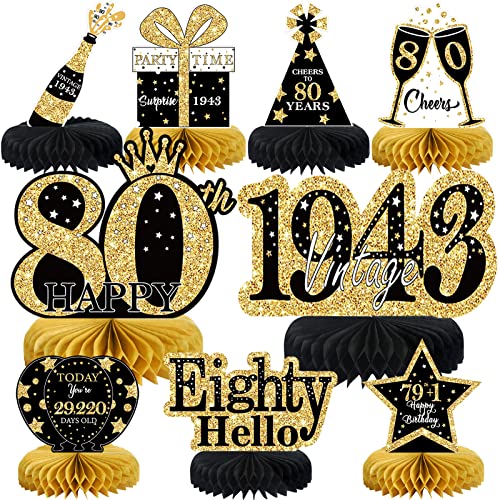 9Pcs 80th Birthday Decorations Honeycomb Centerpieces for Men Women, Black Gold Happy 80th Birthday Centerpieces Tables Toppers Party Decorations Supplies,Vintage 1943 Aged Birthday Table Sign Decor