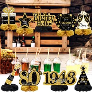 9Pcs 80th Birthday Decorations Honeycomb Centerpieces for Men Women, Black Gold Happy 80th Birthday Centerpieces Tables Toppers Party Decorations Supplies,Vintage 1943 Aged Birthday Table Sign Decor