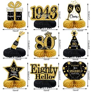 9Pcs 80th Birthday Decorations Honeycomb Centerpieces for Men Women, Black Gold Happy 80th Birthday Centerpieces Tables Toppers Party Decorations Supplies,Vintage 1943 Aged Birthday Table Sign Decor
