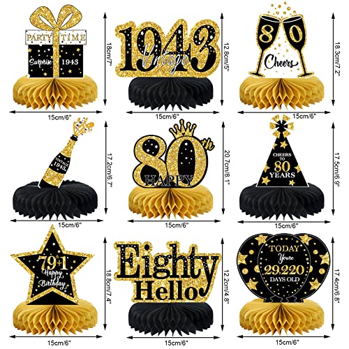 9Pcs 80th Birthday Decorations Honeycomb Centerpieces for Men Women, Black Gold Happy 80th Birthday Centerpieces Tables Toppers Party Decorations Supplies,Vintage 1943 Aged Birthday Table Sign Decor