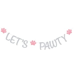 silver glitter let’s pawty banner with pink paw pet dog cat birthday party paper sign children’s pet theme photo prop decorations