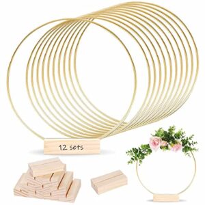 12pcs 12 inch metal floral hoop centerpiece with stand for table,metal macrame gold wreath ring with 12pcs holders stands,centerpiece table decorations for diy wedding decor and wall hanging crafts