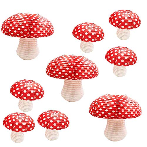 9Pcs Large Mushroom Lanterns for Party Decorations Kids Birthday Baby Shower Wedding Wonderland Party Décor Hanging Ornaments Mushroom Party Supplies (Red, 3 Large 6 Middle)