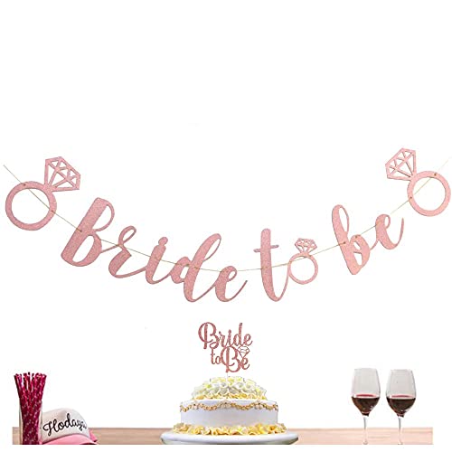 Rose Gold Bachelorette Banner, Rose Gold Glitter Bride to Be Banner with Diamond Ring Detail for Wedding Shower