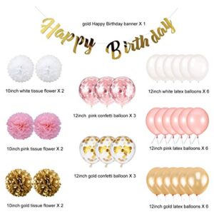 Birthday Decoration, Happy Birthday Banner, Tissue Flower, Confetti Balloons for 16th 18th 21st 30th 50th 60th Birthday Party Decoration for Women Girls