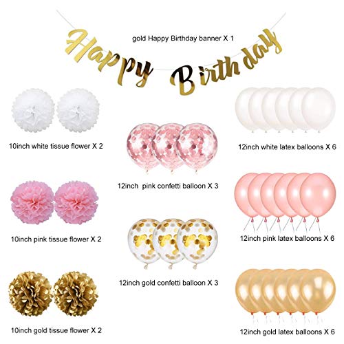 Birthday Decoration, Happy Birthday Banner, Tissue Flower, Confetti Balloons for 16th 18th 21st 30th 50th 60th Birthday Party Decoration for Women Girls