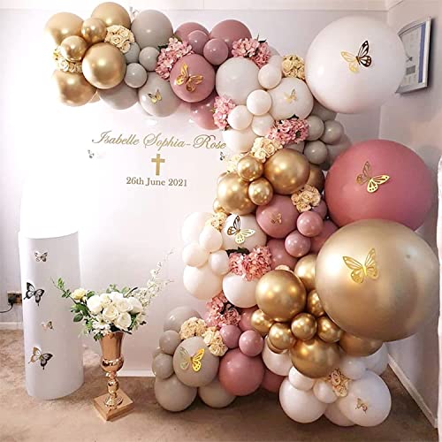 YSF 148 PCS Rose and Pink Balloon Garland Arch Kit, Gold Chrome balloons Latex Balloons Rose Gold Butterfly Stickers Wall Decor for Wedding Party Birthday Bridal Shower Baby Shower Girl Boy Decoration