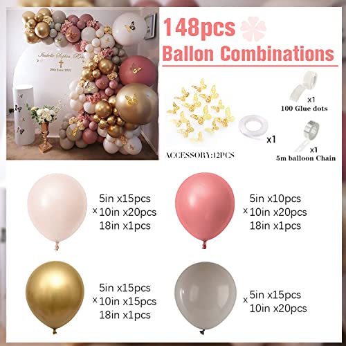 YSF 148 PCS Rose and Pink Balloon Garland Arch Kit, Gold Chrome balloons Latex Balloons Rose Gold Butterfly Stickers Wall Decor for Wedding Party Birthday Bridal Shower Baby Shower Girl Boy Decoration