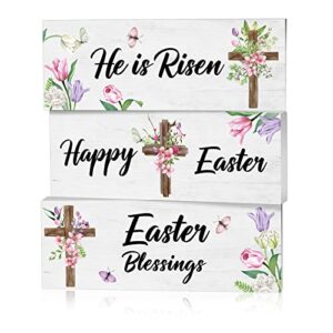 3 Pcs He is Risen Easter Blessings Happy Easter Table Wooden Sign Easter Tiered Tray Decor Religious Easter Tabletop Decorations Flower Cross Sign for Farmhouse Home Spring Easter Decor