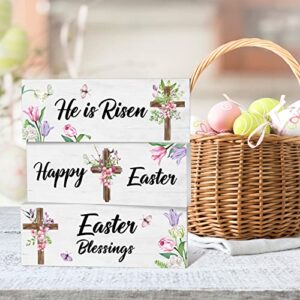 3 Pcs He is Risen Easter Blessings Happy Easter Table Wooden Sign Easter Tiered Tray Decor Religious Easter Tabletop Decorations Flower Cross Sign for Farmhouse Home Spring Easter Decor