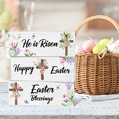 3 Pcs He is Risen Easter Blessings Happy Easter Table Wooden Sign Easter Tiered Tray Decor Religious Easter Tabletop Decorations Flower Cross Sign for Farmhouse Home Spring Easter Decor