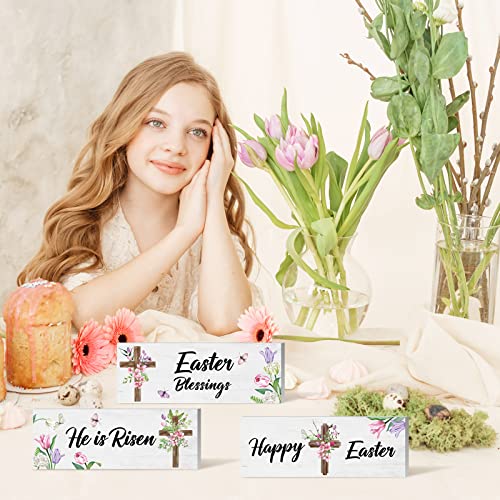 3 Pcs He is Risen Easter Blessings Happy Easter Table Wooden Sign Easter Tiered Tray Decor Religious Easter Tabletop Decorations Flower Cross Sign for Farmhouse Home Spring Easter Decor