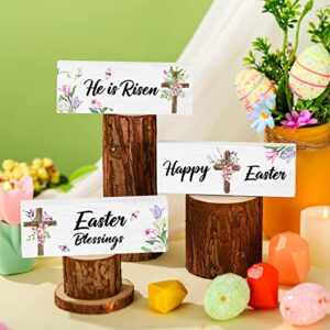 3 Pcs He is Risen Easter Blessings Happy Easter Table Wooden Sign Easter Tiered Tray Decor Religious Easter Tabletop Decorations Flower Cross Sign for Farmhouse Home Spring Easter Decor