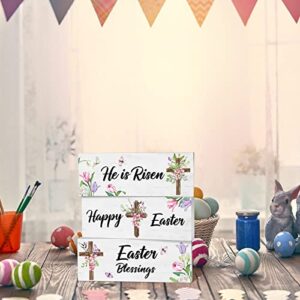 3 Pcs He is Risen Easter Blessings Happy Easter Table Wooden Sign Easter Tiered Tray Decor Religious Easter Tabletop Decorations Flower Cross Sign for Farmhouse Home Spring Easter Decor