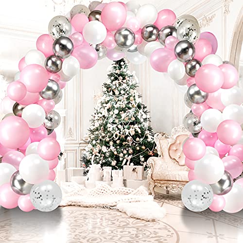 Pink and Silver Balloon Garland Arch Kit, 120 Pieces White Light Pink Silver Confetti Latex Balloons Arch for Christmas Birthday Baby Shower Wedding Proposal Engagement Party Decorations