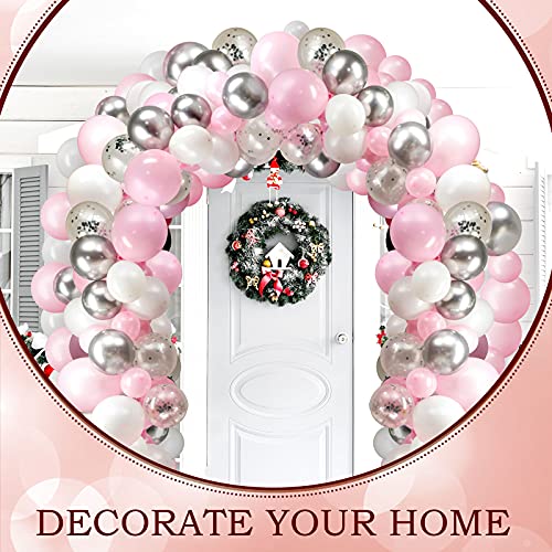 Pink and Silver Balloon Garland Arch Kit, 120 Pieces White Light Pink Silver Confetti Latex Balloons Arch for Christmas Birthday Baby Shower Wedding Proposal Engagement Party Decorations