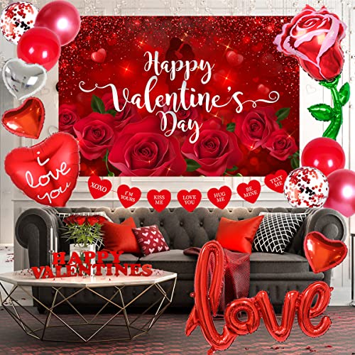 Valentines Day Home Decorations-I Love You Balloons Valentines Day Backdrop for Photography Red Heart Rose Valentines Romantic Decorations