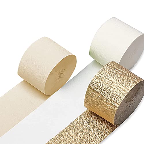 Gold White and Light Brown Crepe Paper Streamers 6 Rolls for Wedding Birthday Party Bridal Shower Decora,1.8inX82Ft