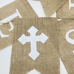 Shimmer Anna Shine Blessed Burlap Banner Baptism and Easter Decorations Christening First Communion Confirmation Baby Shower Wedding Birthday Party Supplies with Cross