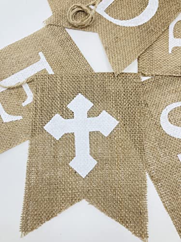 Shimmer Anna Shine Blessed Burlap Banner Baptism and Easter Decorations Christening First Communion Confirmation Baby Shower Wedding Birthday Party Supplies with Cross