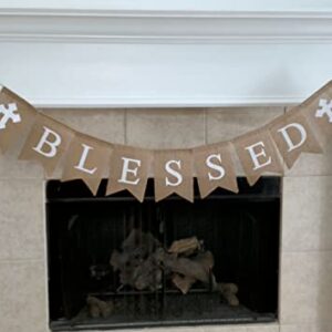 Shimmer Anna Shine Blessed Burlap Banner Baptism and Easter Decorations Christening First Communion Confirmation Baby Shower Wedding Birthday Party Supplies with Cross