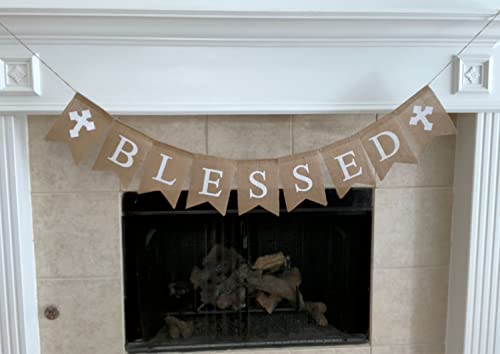 Shimmer Anna Shine Blessed Burlap Banner Baptism and Easter Decorations Christening First Communion Confirmation Baby Shower Wedding Birthday Party Supplies with Cross