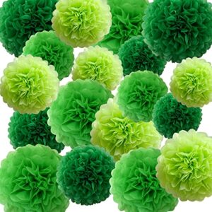 Large Lucky Green Party Decorations, 18pcs Tissue Paper Pom Poms of 14in, 12in, 10in for Birthday Celebration Wedding Party Fiesta St. Patrick's Day Indoor and Outdoor Decorations