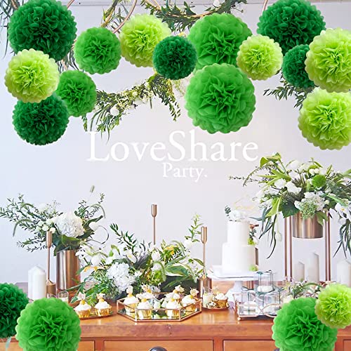 Large Lucky Green Party Decorations, 18pcs Tissue Paper Pom Poms of 14in, 12in, 10in for Birthday Celebration Wedding Party Fiesta St. Patrick's Day Indoor and Outdoor Decorations