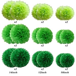 Large Lucky Green Party Decorations, 18pcs Tissue Paper Pom Poms of 14in, 12in, 10in for Birthday Celebration Wedding Party Fiesta St. Patrick's Day Indoor and Outdoor Decorations