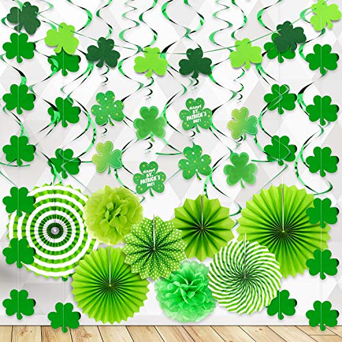 Whaline St.Patrick's Day party Decoration,St Patricks Hanging Paper Fans Honeycomb Ball, Foil String Hanging Swirls, Felt Clover Banner, Lucky Irish Green Shamrock Foil Strings, for Irish Party Decor