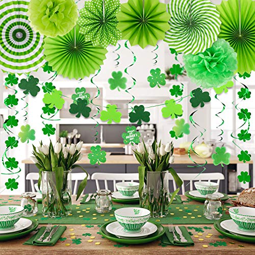 Whaline St.Patrick's Day party Decoration,St Patricks Hanging Paper Fans Honeycomb Ball, Foil String Hanging Swirls, Felt Clover Banner, Lucky Irish Green Shamrock Foil Strings, for Irish Party Decor