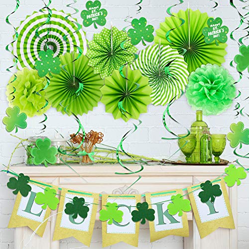 Whaline St.Patrick's Day party Decoration,St Patricks Hanging Paper Fans Honeycomb Ball, Foil String Hanging Swirls, Felt Clover Banner, Lucky Irish Green Shamrock Foil Strings, for Irish Party Decor