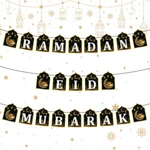 watinc 2 in 1 ramadan banner eid mubarak decoration, ramadan kareem hanging banners decor, no diy needed eid al-fitr iftar party favor hang garland supplies for home tree fireplace wall (10 feet)