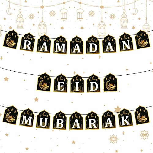 WATINC 2 in 1 Ramadan Banner Eid Mubarak Decoration, Ramadan Kareem Hanging Banners Decor, No DIY Needed Eid Al-Fitr Iftar Party Favor Hang Garland Supplies for Home Tree Fireplace Wall (10 Feet)