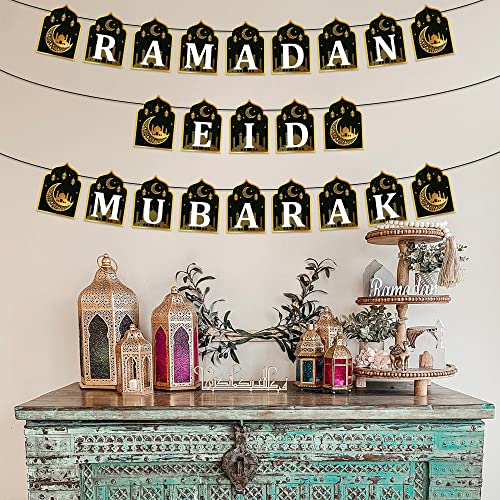 WATINC 2 in 1 Ramadan Banner Eid Mubarak Decoration, Ramadan Kareem Hanging Banners Decor, No DIY Needed Eid Al-Fitr Iftar Party Favor Hang Garland Supplies for Home Tree Fireplace Wall (10 Feet)