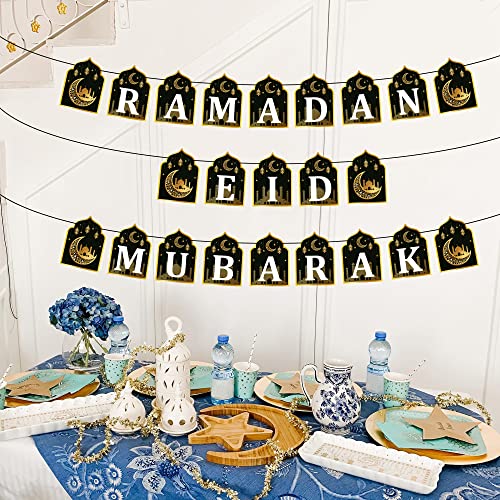 WATINC 2 in 1 Ramadan Banner Eid Mubarak Decoration, Ramadan Kareem Hanging Banners Decor, No DIY Needed Eid Al-Fitr Iftar Party Favor Hang Garland Supplies for Home Tree Fireplace Wall (10 Feet)