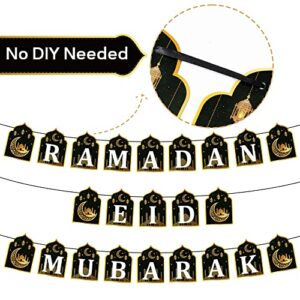 WATINC 2 in 1 Ramadan Banner Eid Mubarak Decoration, Ramadan Kareem Hanging Banners Decor, No DIY Needed Eid Al-Fitr Iftar Party Favor Hang Garland Supplies for Home Tree Fireplace Wall (10 Feet)