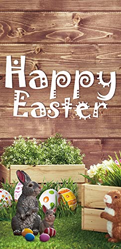 ZDX Happy Easter Door Banner Rustic Wooden Floor Banner Spring Bunny Egg Flower Rustic Farmhouse Easter Party Backdrops Door Banner