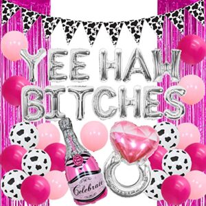 western bachelorette party decorations, silver yeehaw bitches balloon cow print pennant banner, cowgirl nashville bridal shower supplies
