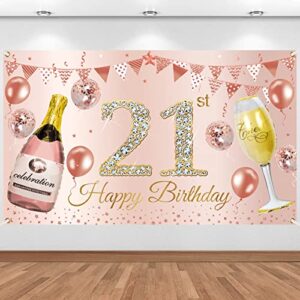 happy 21st birthday banner backdrop decorations for her, pink rose gold 21st birthday background party supplies for girls women, 21 year old birthday photo booth poster sign decor(72.8 x 43.3 inch)