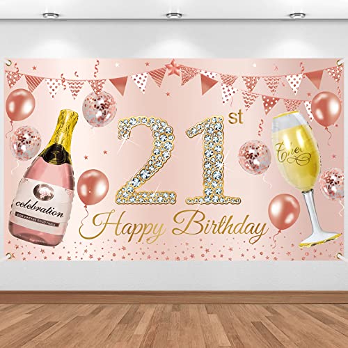 Happy 21st Birthday Banner Backdrop Decorations for Her, Pink Rose Gold 21st Birthday Background Party Supplies for Girls Women, 21 Year Old Birthday Photo Booth Poster Sign Decor(72.8 x 43.3 Inch)