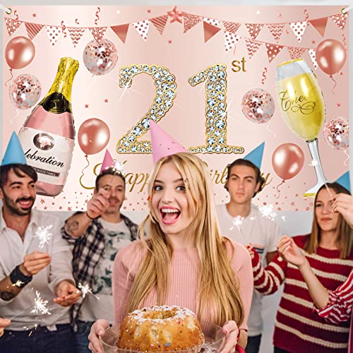 Happy 21st Birthday Banner Backdrop Decorations for Her, Pink Rose Gold 21st Birthday Background Party Supplies for Girls Women, 21 Year Old Birthday Photo Booth Poster Sign Decor(72.8 x 43.3 Inch)