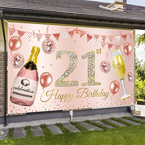 Happy 21st Birthday Banner Backdrop Decorations for Her, Pink Rose Gold 21st Birthday Background Party Supplies for Girls Women, 21 Year Old Birthday Photo Booth Poster Sign Decor(72.8 x 43.3 Inch)