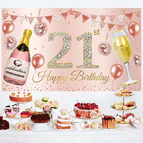 Happy 21st Birthday Banner Backdrop Decorations for Her, Pink Rose Gold 21st Birthday Background Party Supplies for Girls Women, 21 Year Old Birthday Photo Booth Poster Sign Decor(72.8 x 43.3 Inch)