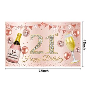 Happy 21st Birthday Banner Backdrop Decorations for Her, Pink Rose Gold 21st Birthday Background Party Supplies for Girls Women, 21 Year Old Birthday Photo Booth Poster Sign Decor(72.8 x 43.3 Inch)