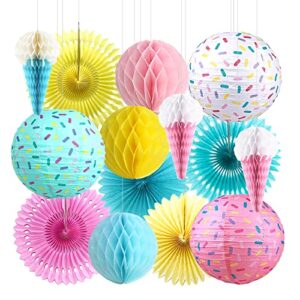 donut birthday party decorations, ice cream party decorations donut paper lanterns ice cream honeycomb balls paper fans for baby shower kids birthday party donut grow up party supplies